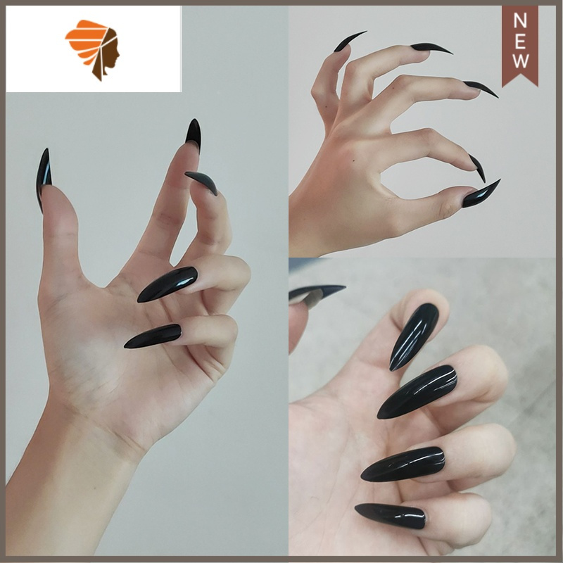 欧美长尖艺术穿戴美甲甲片超长个性假指甲贴片演出三维工匠黑色长尖