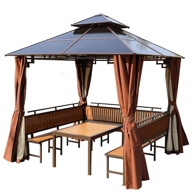 森美人防腐木户外凉亭小木屋别墅庭院花园农家乐简易亭子楼顶实木遮阳棚 三面座板+塑木桌【柚木色-含双帘】