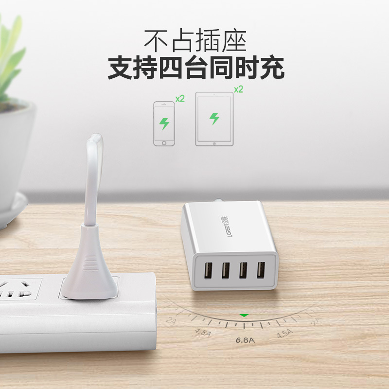 绿联(Ugreen)CD102白色 桌面四口USB充电器 线长1.5米彩盒包装