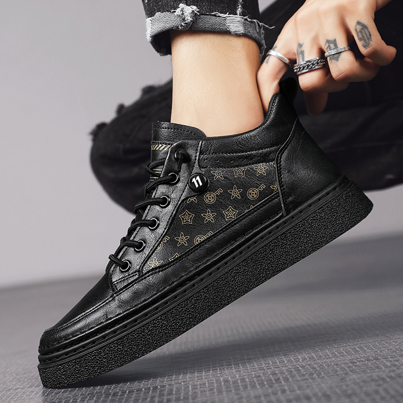 秋季高帮板鞋男皮面软底时尚潮流百搭精神小伙潮男黑色休闲鞋皮鞋