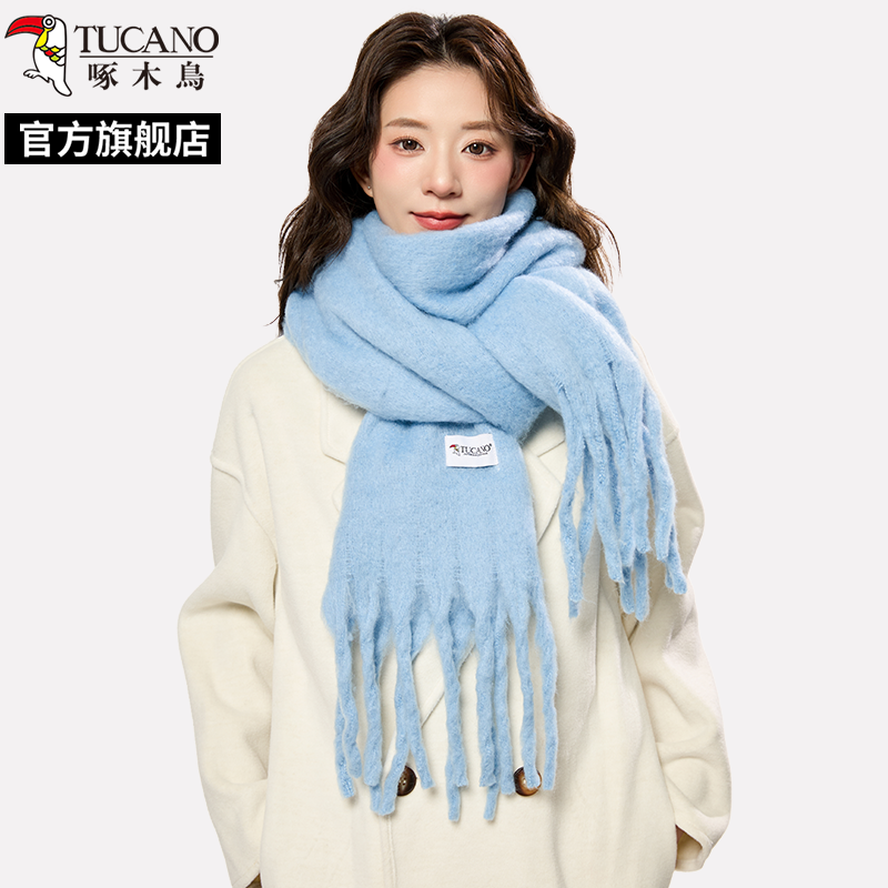 啄木鸟2025新款黄色围巾女秋冬季加长加厚韩版高级感纯色保暖围级高清大图