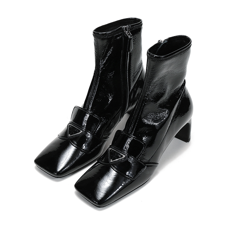 prada普拉达女士织物配皮方头高跟鞋靴子短靴1t293m3lbk