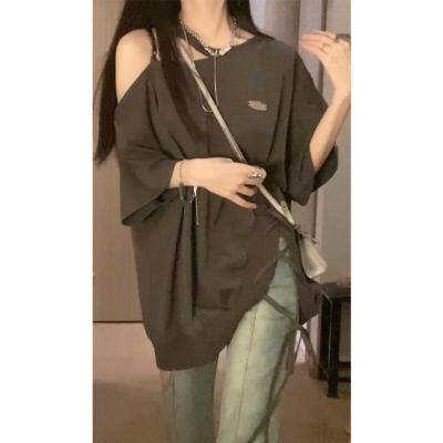 灰色 漂亮/设计感小众/纯棉/独特 辣妹/2022/chic S 别致/韩系/甜辣/ 二十一碗饭绳索不规则系带短袖t恤女