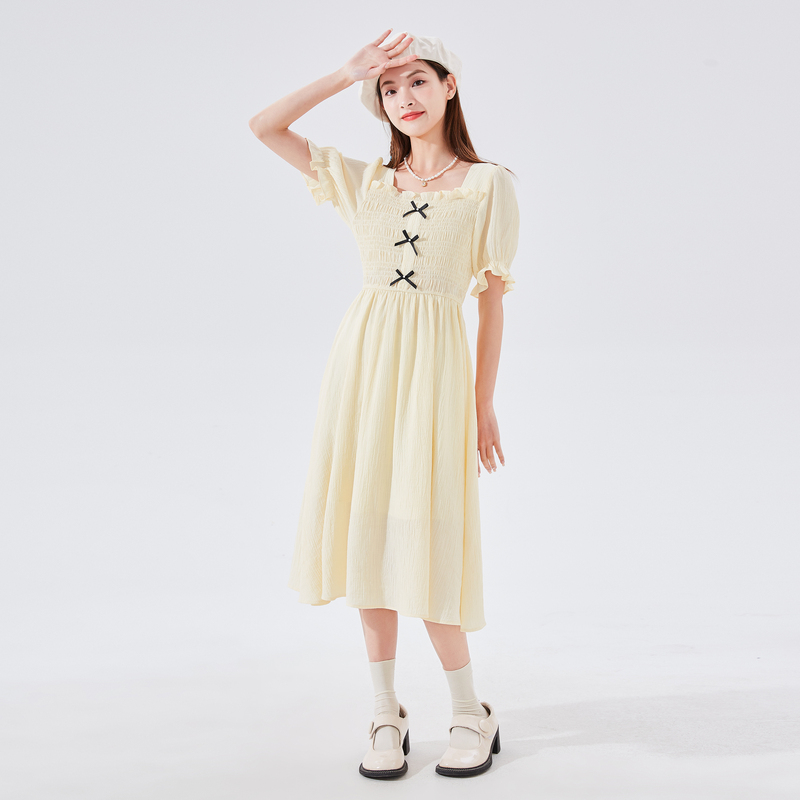 【2.5折价113元】唐狮夏装新款女连衣裙中长款淑女甜美小个子女生百搭潮流裙子DY 米黄色 S