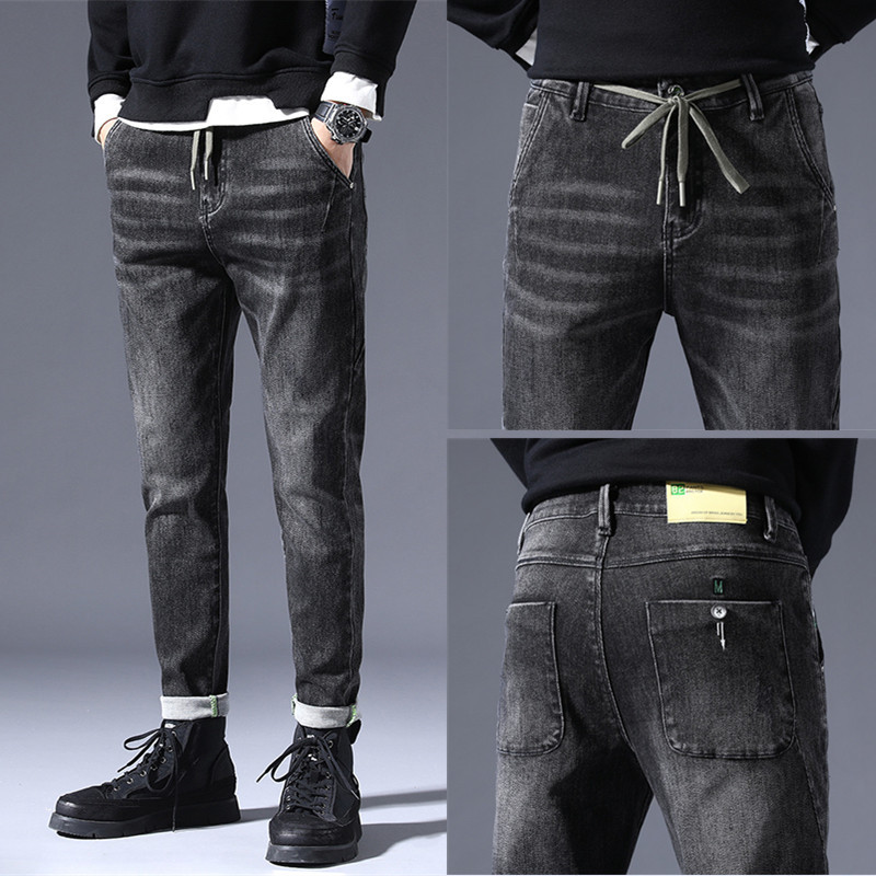 yuansu秋季萝卜裤男士宽松牛仔裤男直筒哈伦裤港风潮牌弹力修身休闲