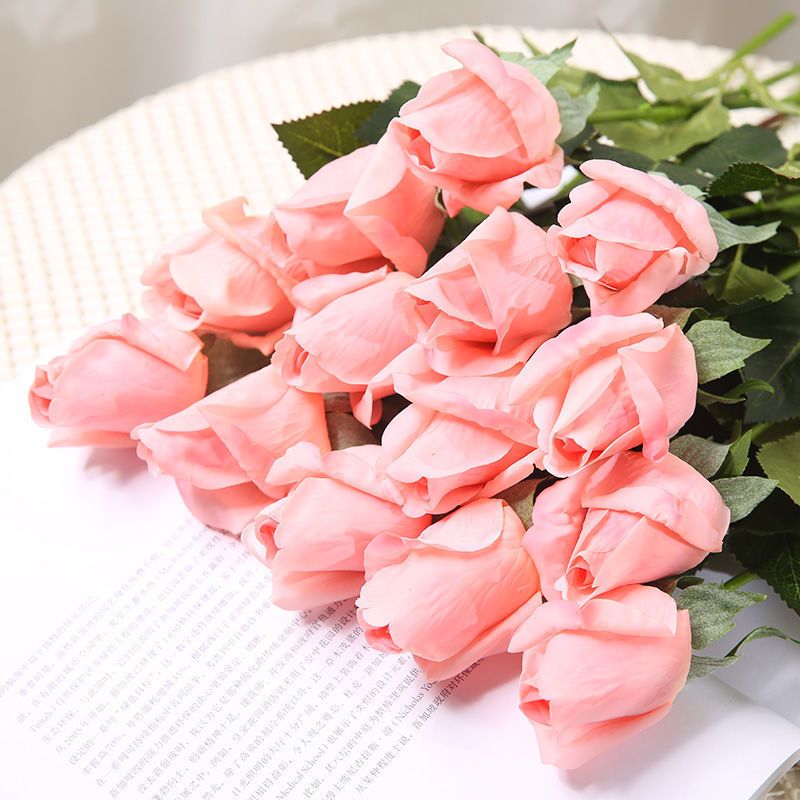 手感保湿玫瑰花仿真花苞家居客厅装饰假花套装绢花束花瓶餐桌花橙色