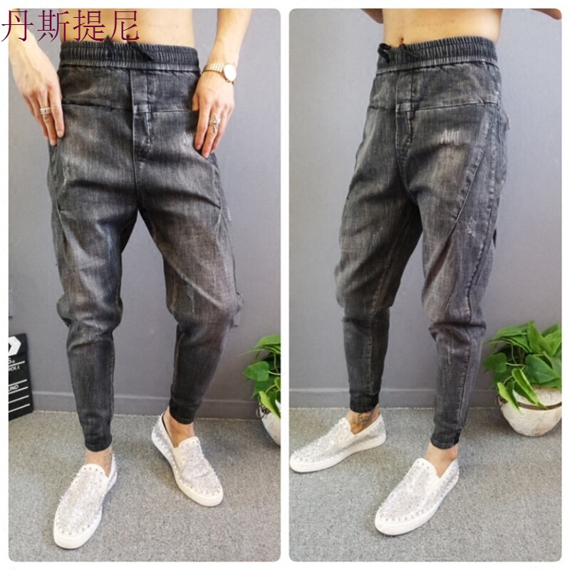 2018新款男小脚修身男士牛仔裤潮流束脚九分裤精神社会小伙哈伦裤深灰色