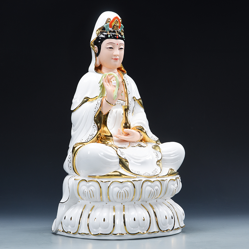 坐莲陶瓷观世音佛像供奉摆件描金南海观音菩萨像家用居家 三维工匠 18寸坐古莲观音-白瓷高清大图