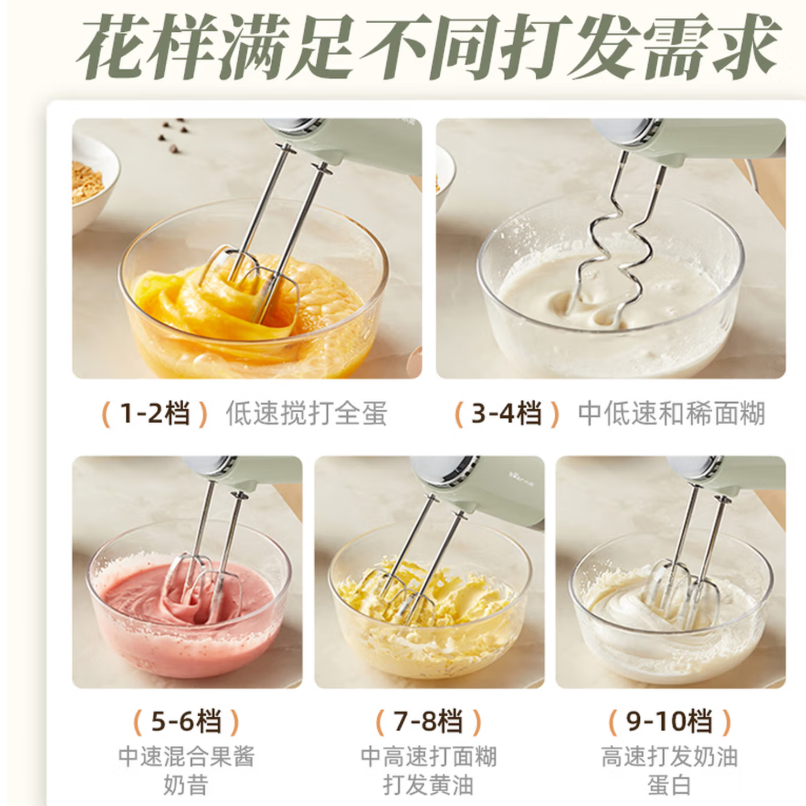 小熊(Bear)打蛋器 家用电动打蛋器 奶油奶盖打发器迷你 烘焙手持搅拌器和面糊 四棒十档 DDQ-B02L1 艾绿色高清大图