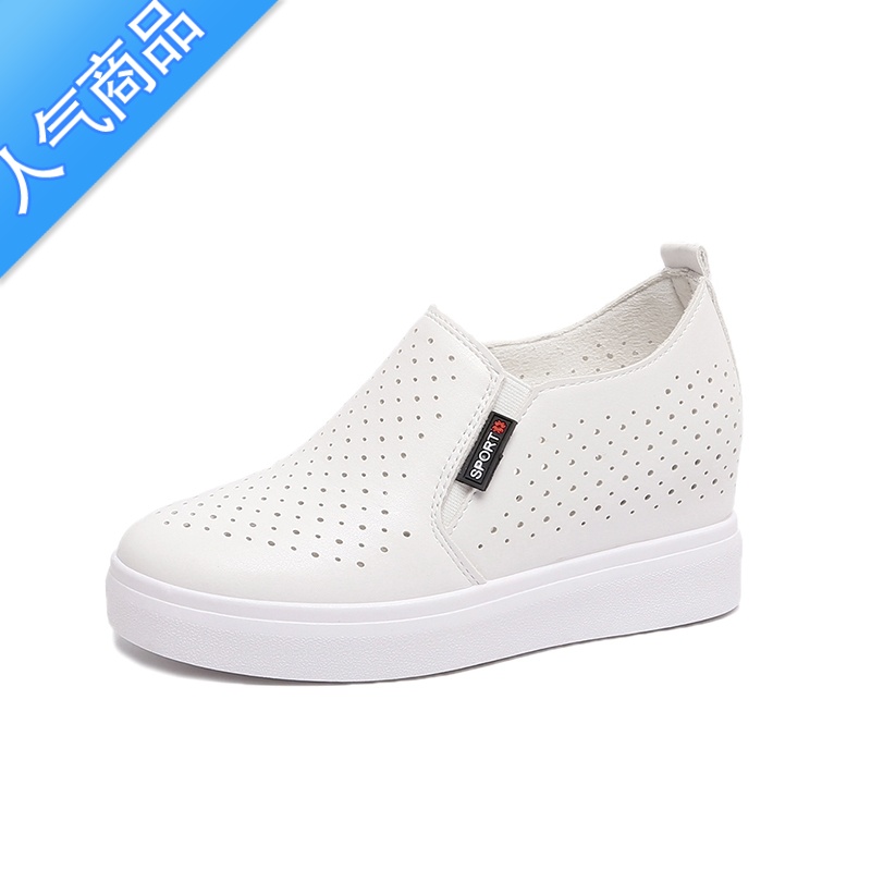 SUNTEK春夏镂空透气小白鞋女内增高厚底百搭一脚蹬网鞋坡跟单鞋内E内N 白色 36