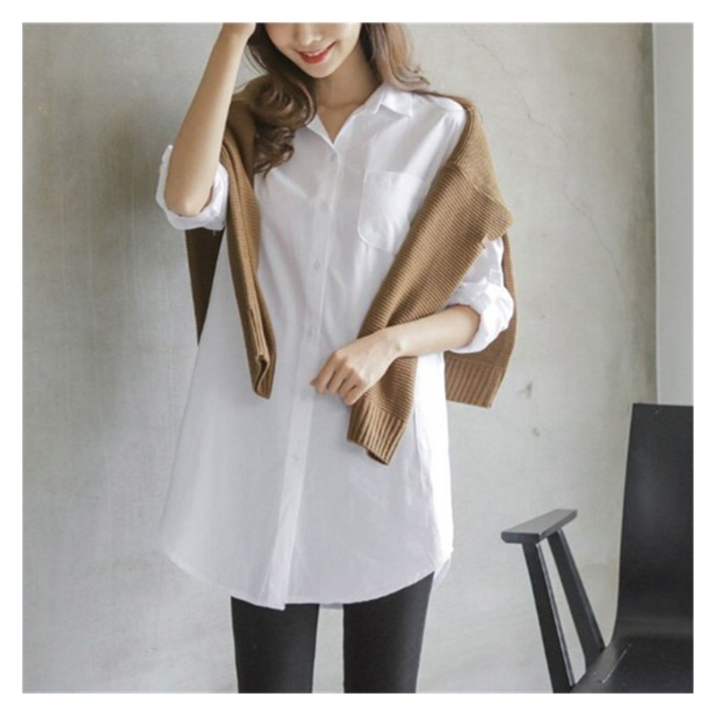 艳如飞衬衫女春秋长袖韩版中长款宽松打底休闲内搭棉大码白衬衣寸衫春