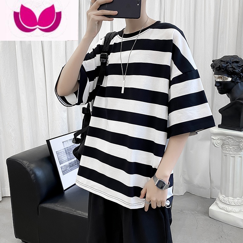 七斓蓝色条纹短袖T恤男港风ins潮流宽松休闲打底衫男生圆领五分袖体恤