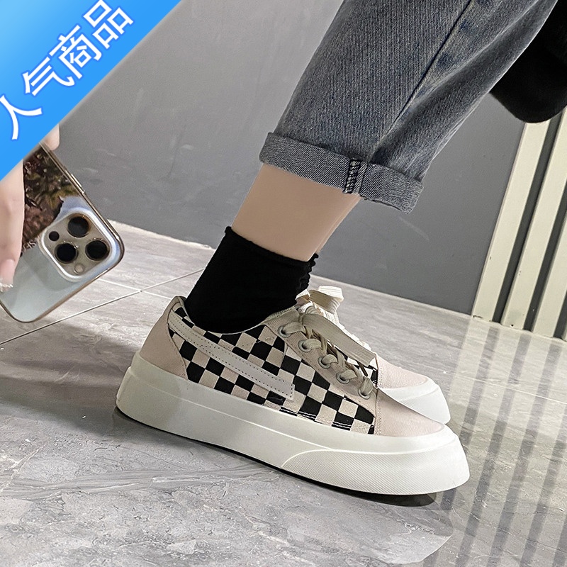 SUNTEK帆布鞋女夏春薄款透气潮鞋ins2023春新款小众棋盘板鞋百搭小白鞋高清大图
