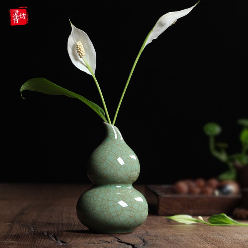 精品花器小花瓶手工葫芦水培小花插陶瓷家居个性茶道摆件 三维工匠 桔红色弟窑梅子青高清大图