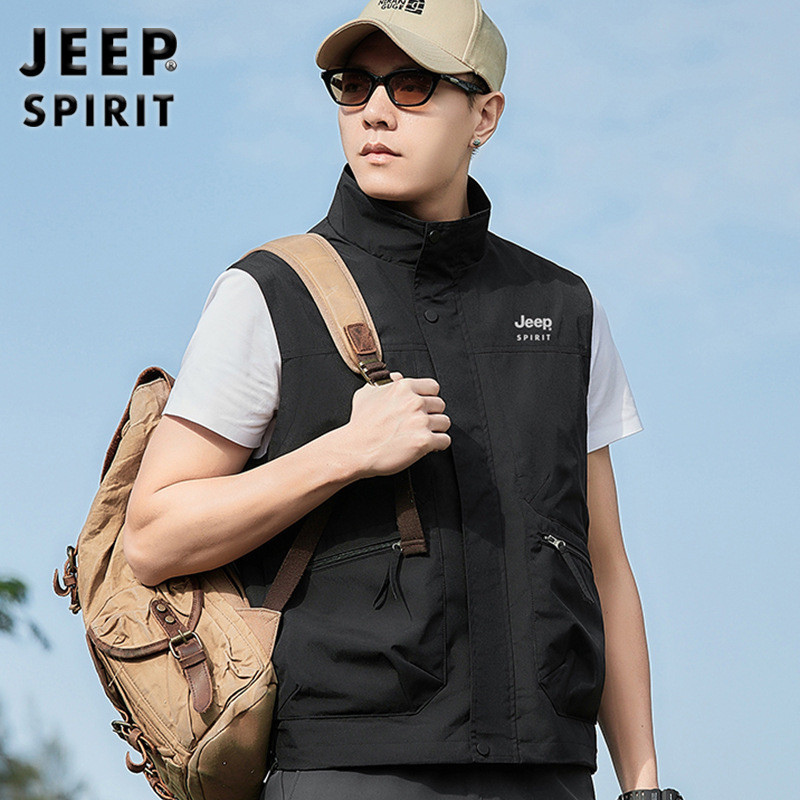 JEEP吉普2025新男户外多袋马甲立领防风速干钓鱼摄影背心外套9200