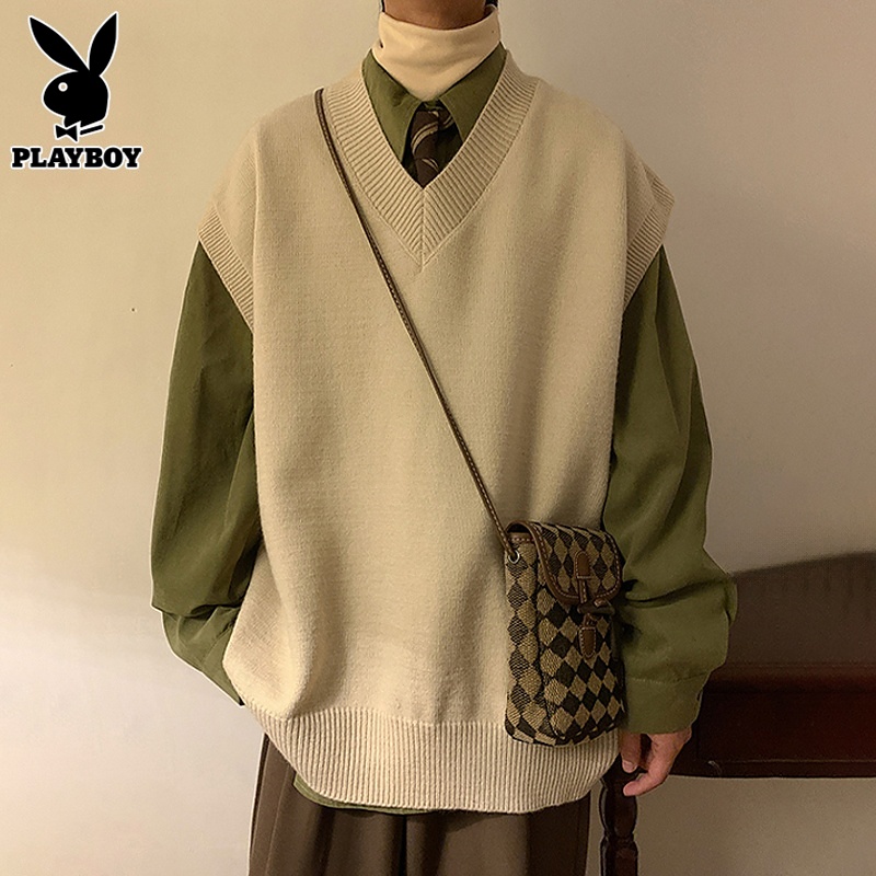花花公子V领毛衣马甲男秋冬季日系男生学院风圆领针织衫背心外套