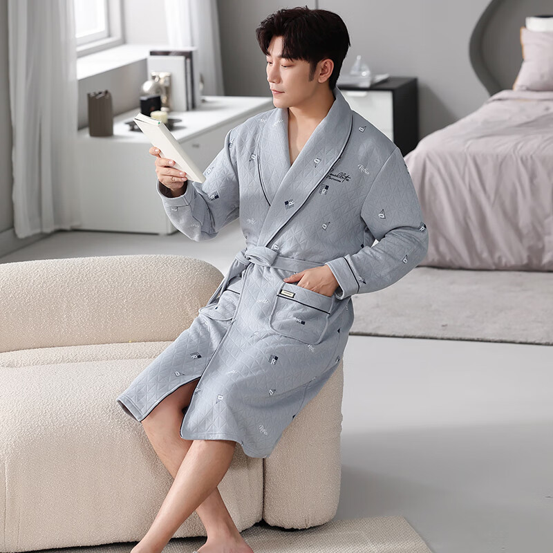 紫雨琪品牌居家休闲长袖纯棉睡袍男春秋季空气棉夹棉睡衣男薄款家居服
