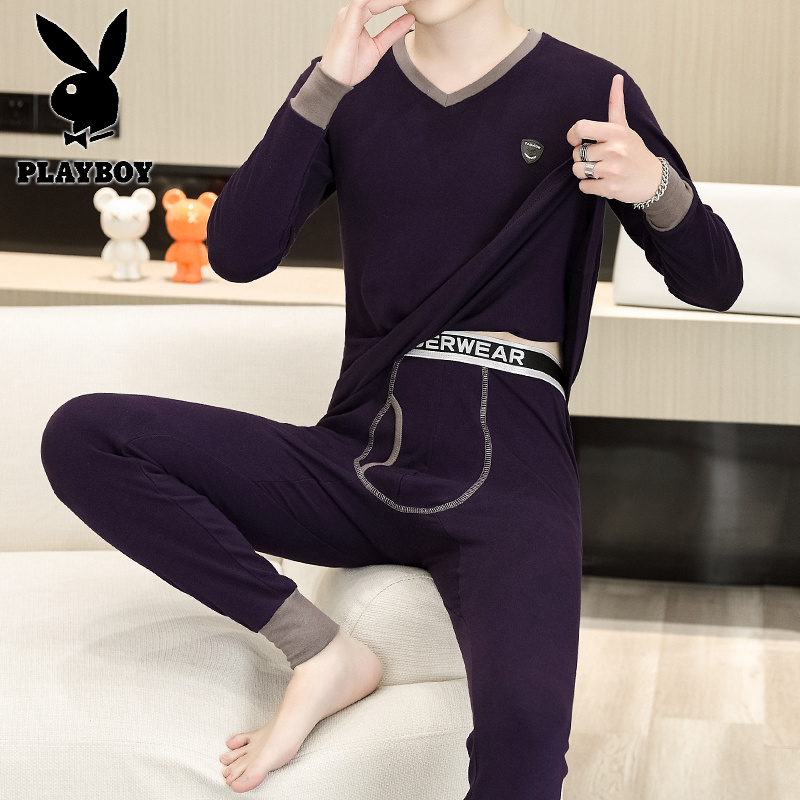 花花公子新款纯棉V领秋衣秋裤套装男棉毛衫保暖内衣套装_756高清大图