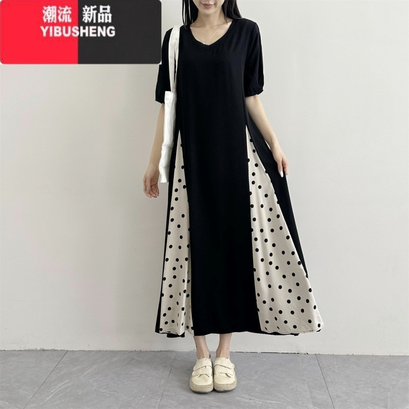 YIBUSHENG季女士新款棉绸连衣裙V领短袖收腰百搭中长款拼接裙大码人造棉