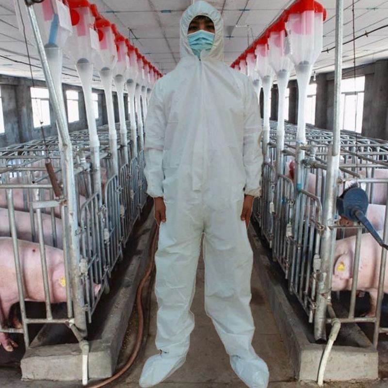 覆膜一次性全身防护服连体带帽连脚猪场畜牧业防水防臭隔离工作服 覆膜SF一次性防护服不带脚