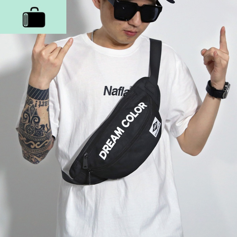 潮牌胸包男士斜挎包单肩小包包学生帆布潮流背包休闲运动腰包男包NEWLAKE 黑色白字【现货】