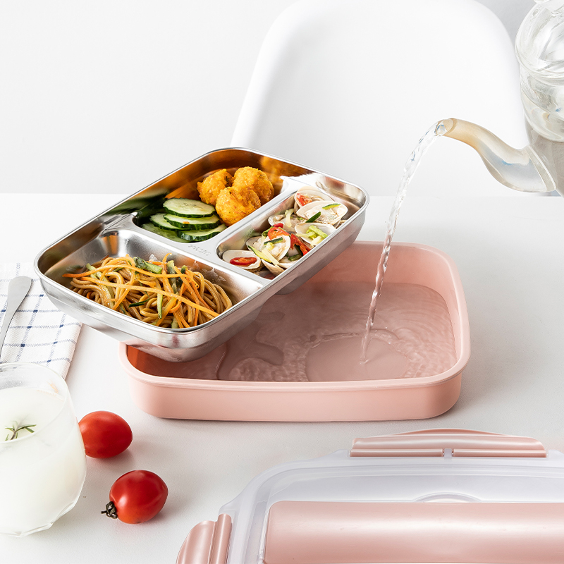 美厨(maxcook)304不锈钢饭盒 3格加大加深学生饭盒便当盒带分隔配餐具 粉色MCFT913