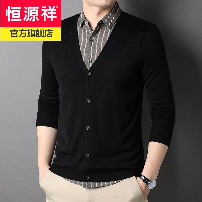 恒源祥春秋款假两件套衬衫领长袖男士针织衫精致时尚休闲男装外穿上衣服图片