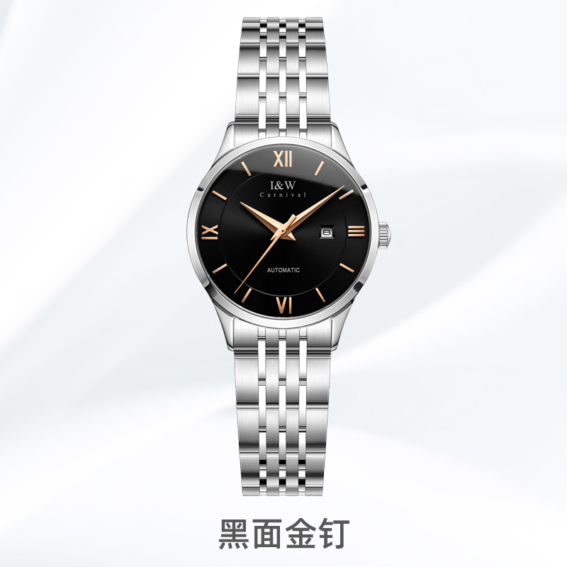瑞士I&W CARNIVAL 手表女士全自动机械表 女表进口机芯时尚商务简约防水精钢腕表生日礼物日历款8510 黑面金针