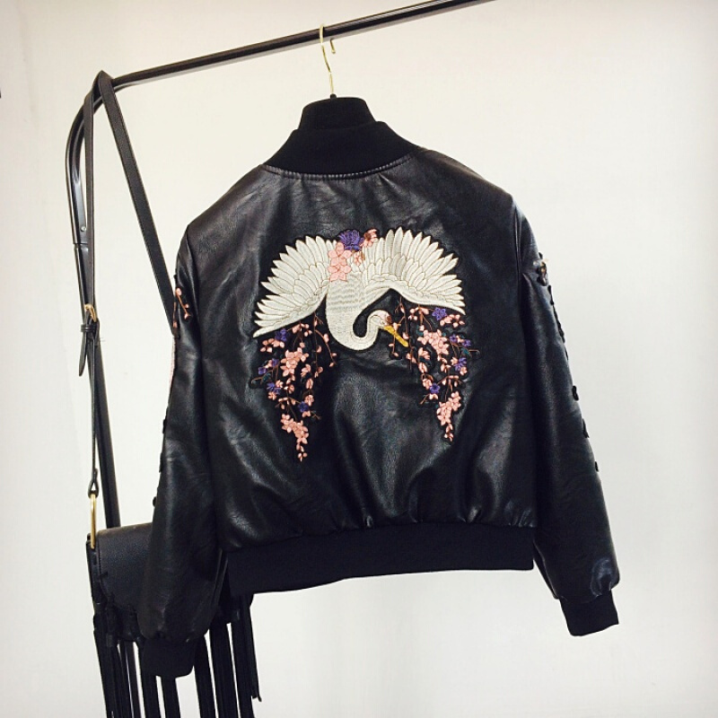 刺绣棒球服短外套女春秋装韩版百搭学生pu皮夹克机车皮衣黑色