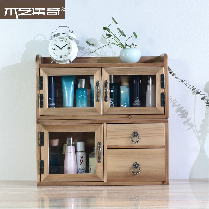 桌面收纳盒实木化妆品收纳箱整理桌上小家具置物架木制中式小柜 三维工匠收纳柜高清大图