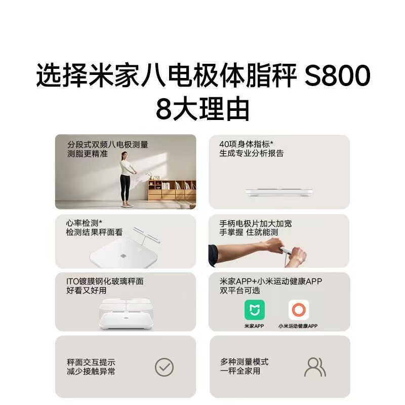 小米米家八电极体脂秤S800家用减脂减肥称身体指标心率测量电子秤高清大图