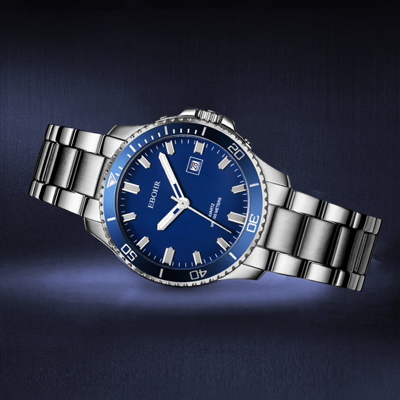 依波表(EBOHR)飞驰运动风100米防水蓝面夜光钢带石英表51490218高清大图
