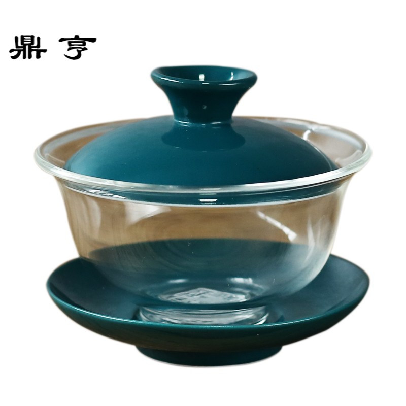 鼎亨茶具耐热玻璃陶瓷盖碗茶杯 景德镇手绘祭蓝锤纹三才杯 泡茶碗