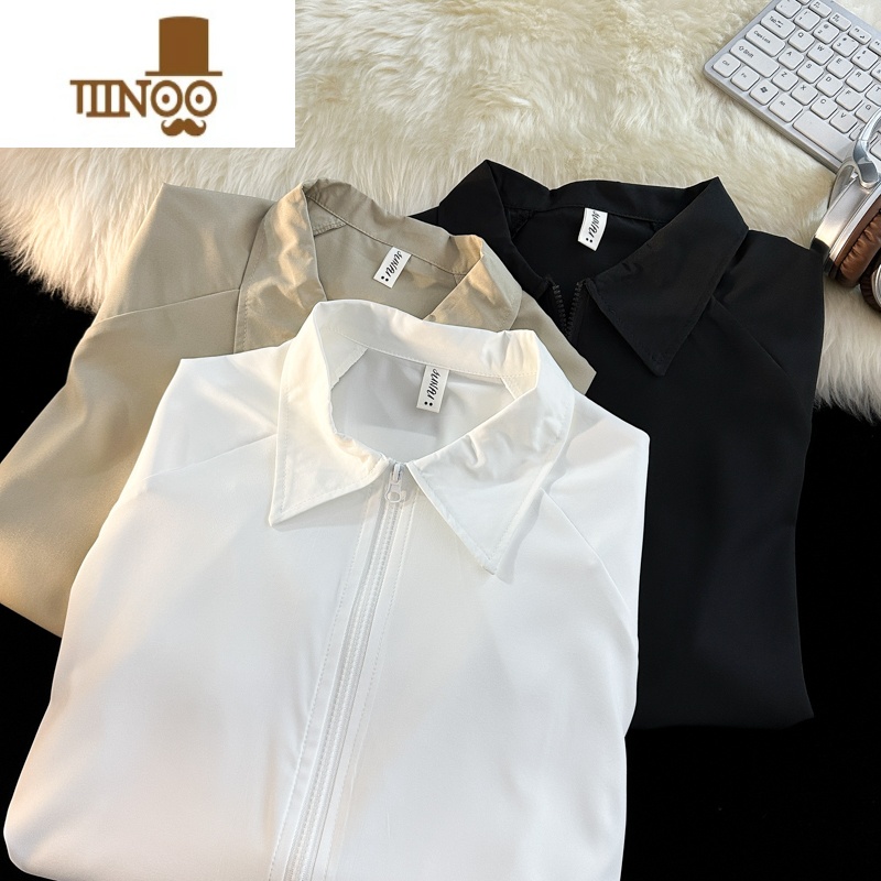 YANXU拉链痞帅白色衬衣男长袖小众设计感潮牌宽松港风复古纯色寸衫外套高清大图