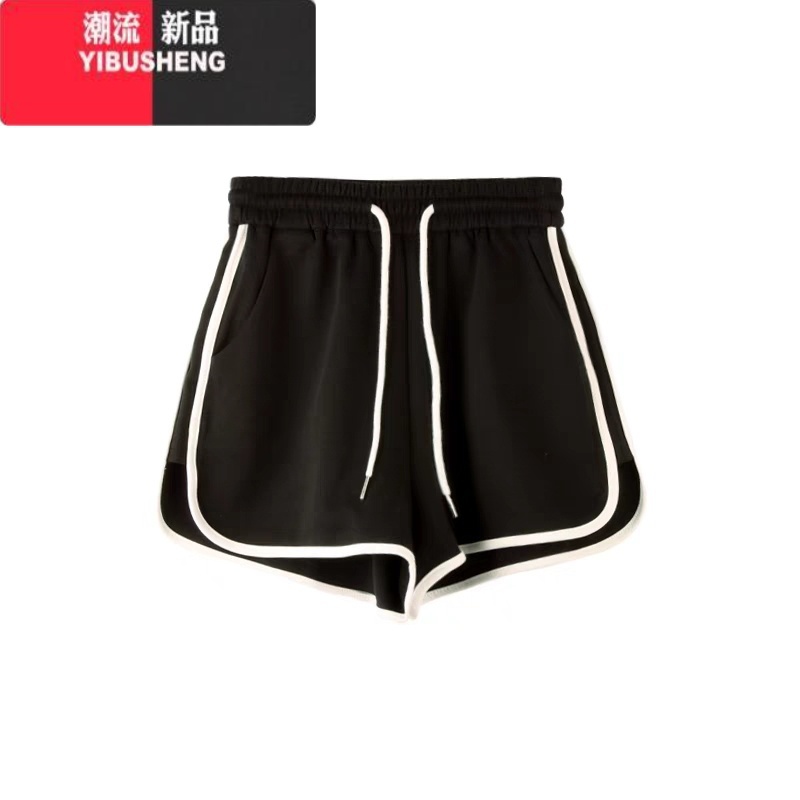 YIBUSHENG灰色短裤女季宽松美式复古高腰小个子a字阔腿运动休闲热裤高清大图