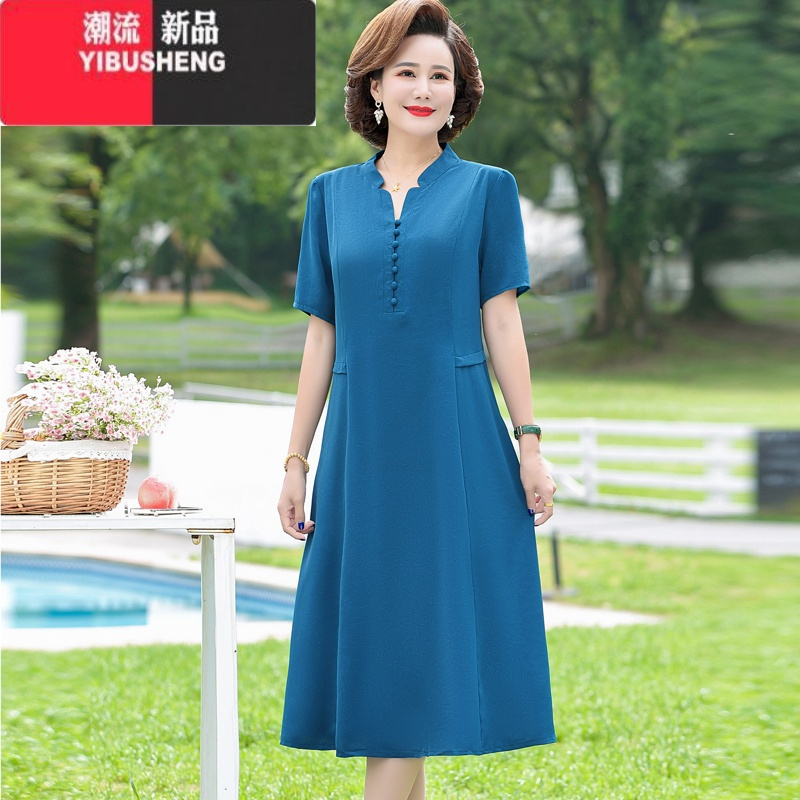 yibusheng中老年装休闲连衣裙阔太太短袖过膝长裙40岁50中年妈妈纯色
