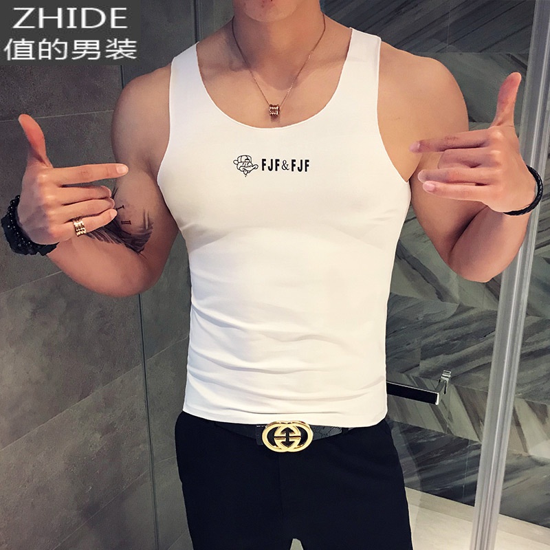 SUNTEK夏季男士坎肩背心修身黑白色汗衫健身运动无袖马甲潮流t恤男棉马甲/背心高清大图