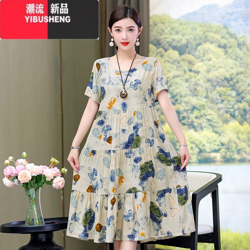 YIBUSHENG棉绸连衣裙女季大码时尚年轻妈妈装气质甜美孕妇碎花中装妈气裙 3XL建议130-145斤 216#12号