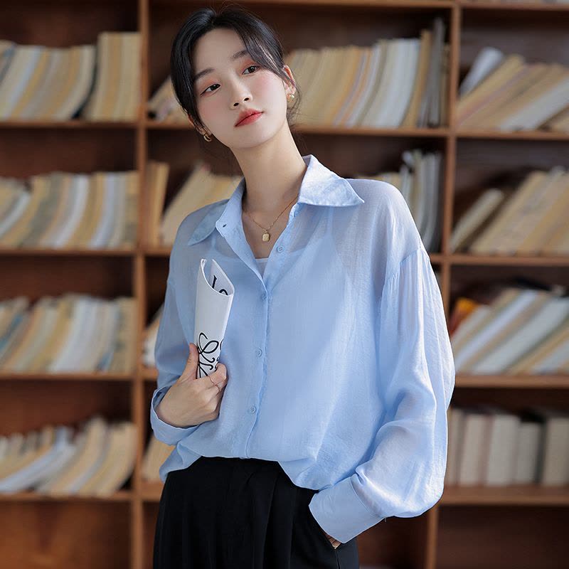 夏季长袖雪纺衬衫防晒衣服女2022年新款韩版宽松开衫薄外套ins潮图片