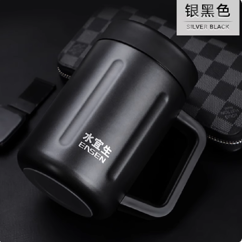 水宜生 450ml 带把手泡茶杯316不锈钢保温杯 男士带手柄商务办公杯 L515 银黑色