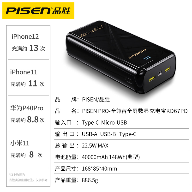 品胜22.5W充电宝40000毫安超大容量PD双向快充闪充便携户外移动电源适用苹果华为小米