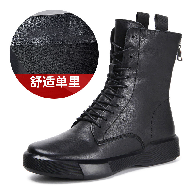 系带马丁靴女真皮英伦风chic骑士靴女粗跟平底机车牛皮女