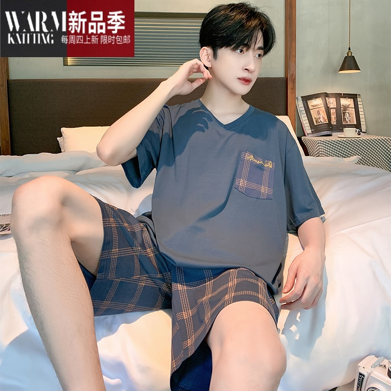 SHANCHAO男士睡衣莫代尔夏季薄款夏天短袖青少年家居服套装男款可外穿大码