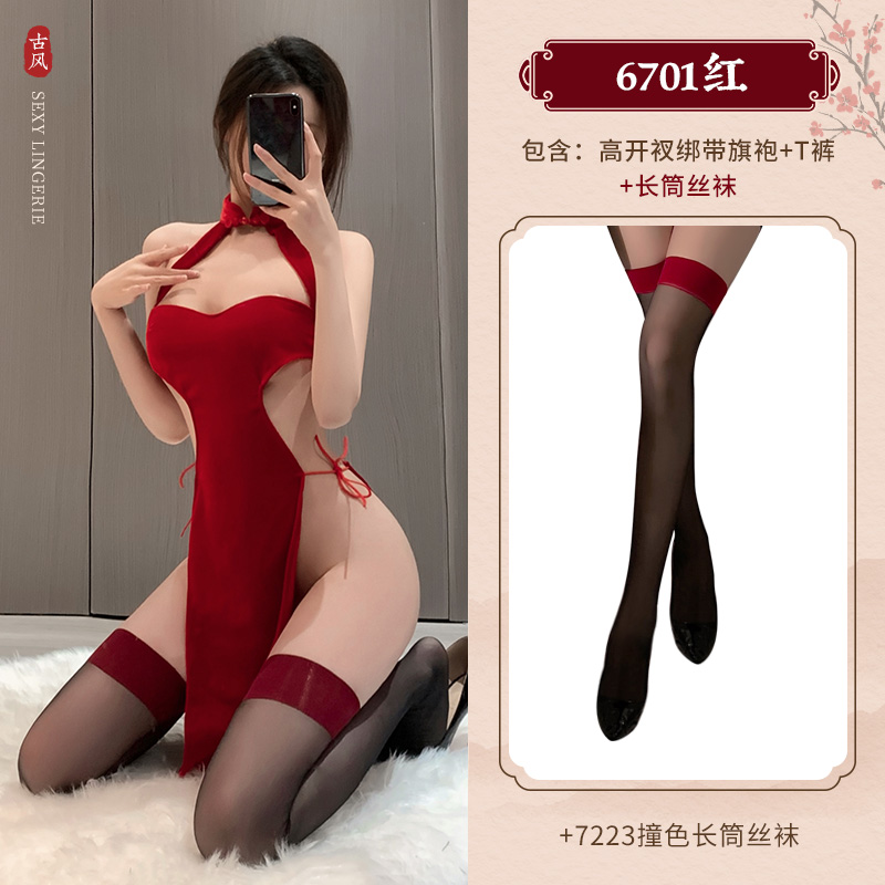 霏慕高开衩分片绑带丝绒旗袍情趣内衣制服午夜魅力套装女式情趣睡衣女士衣服成人用品6701 6701红【高开衩绑带旗袍+T裤】+7223丝袜 均码