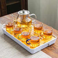 玻璃茶具套装家用茶杯办公室功夫茶具泡茶壶简约小茶台茶道一壶 八骏壶+六彩把杯7件套+长方盘