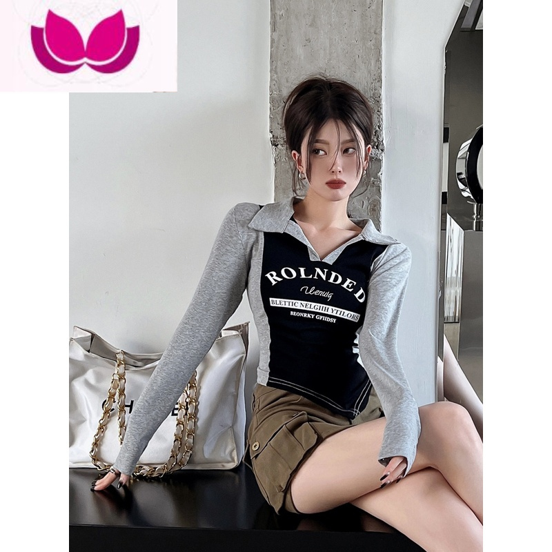七斓美式不规则领T恤女春季新款复古甜辣紧身打底衫正肩长袖上衣