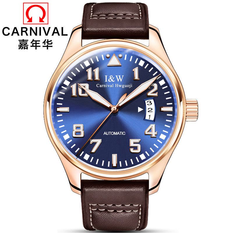 瑞士嘉年华Carnival手表男士全自动机械表 男士真皮带休闲时尚潮流简约防水男表大三针强劲夜光皮带腕表ms-8777c图片