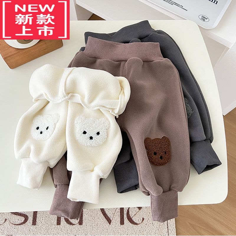 可莉允婴儿一体绒裤子秋冬装加绒男童1岁女宝宝大屁屁裤2保暖膝盖熊pp裤保暖裤图片