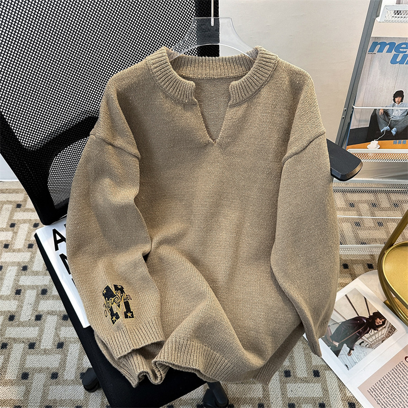 美式潮牌V领慵懒风简约时尚毛衣男宽松休闲百搭针织衫复古男上衣
