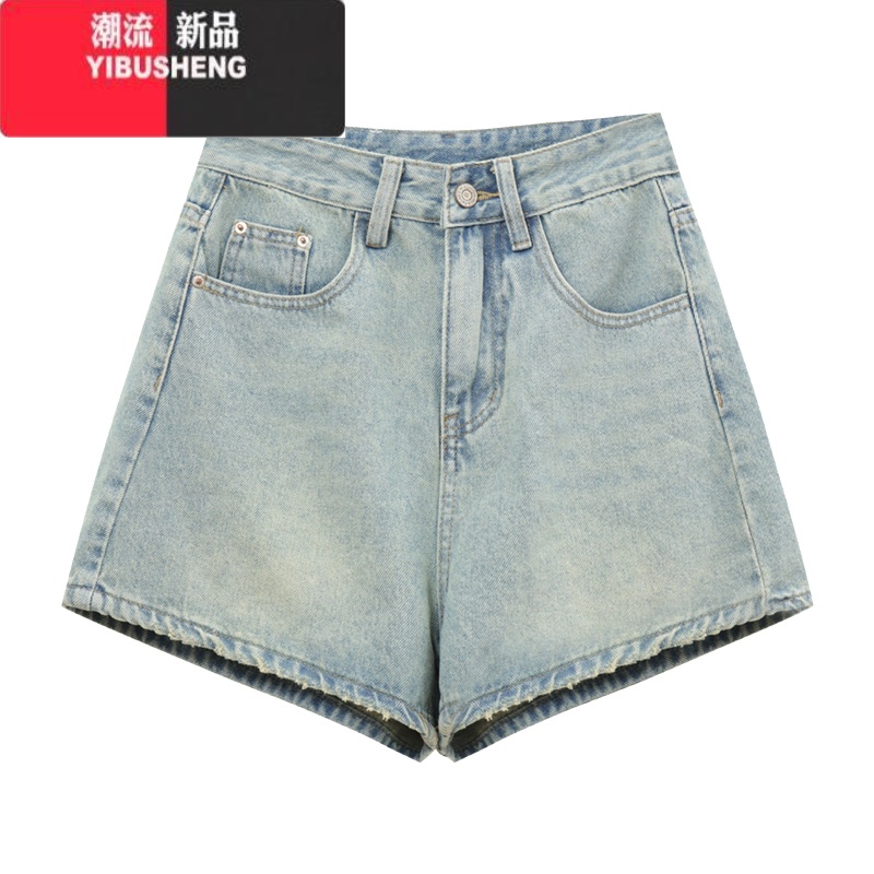 YIBUSHENG下架学姐刺绣碎花口袋阔腿牛仔短裤女季小众高腰时尚做旧休闲G XL 蓝色